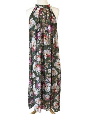 Bellambra Made in Italy Silk Blend Sage Green Floral Halter Maxi Dress